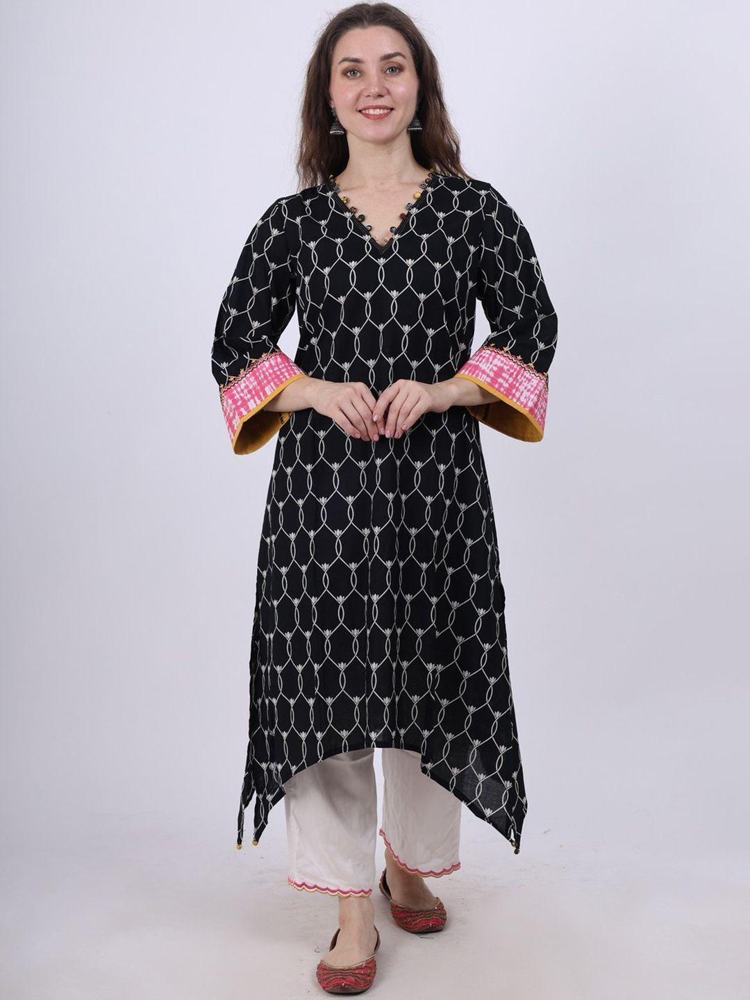 spring soul floral printed v-neck pure cotton a-line kurta with trousers