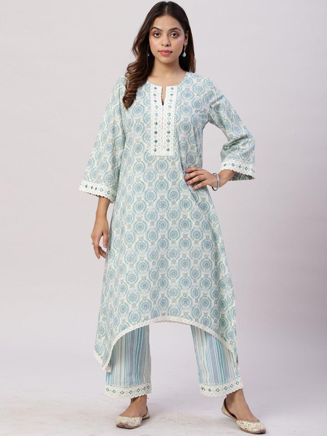 spring soul women blue ethnic motifs printed regular pure cotton kurta with trousers