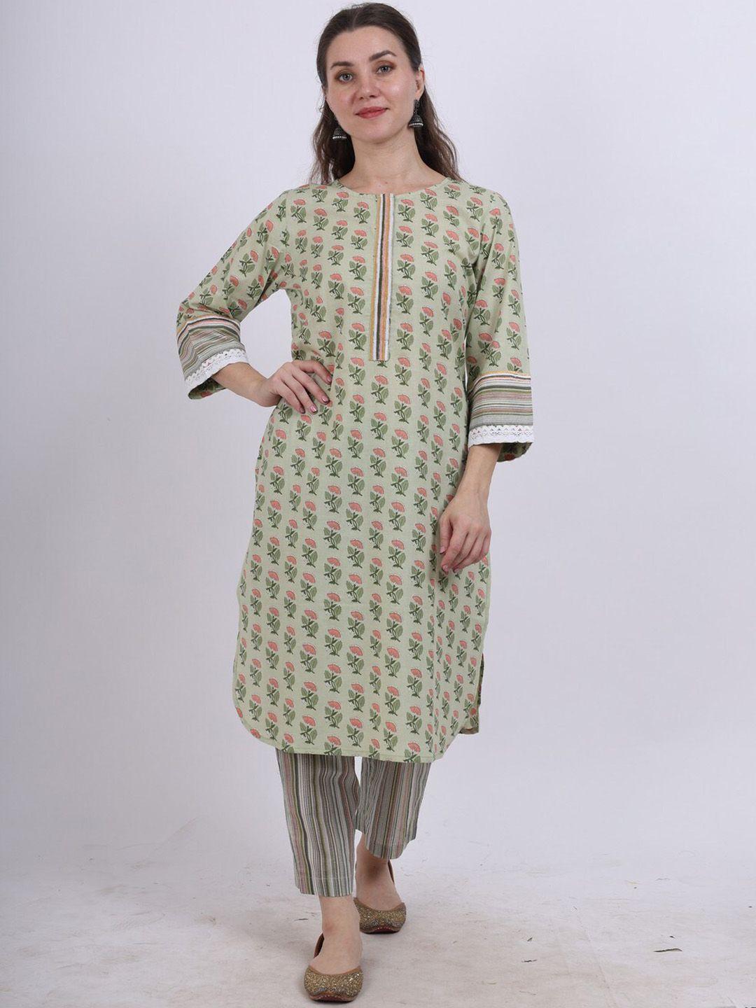 spring soul women green floral printed regular pure cotton kurta with trousers
