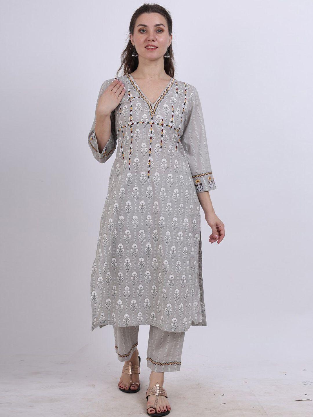 spring soul women grey floral printed regular pure cotton kurta with trousers