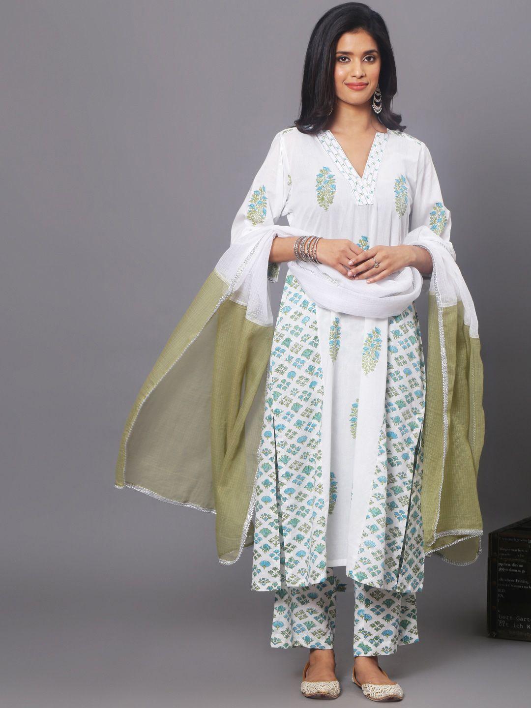 spring soul women white floral printed regular pure cotton kurta with trousers & with dupatta