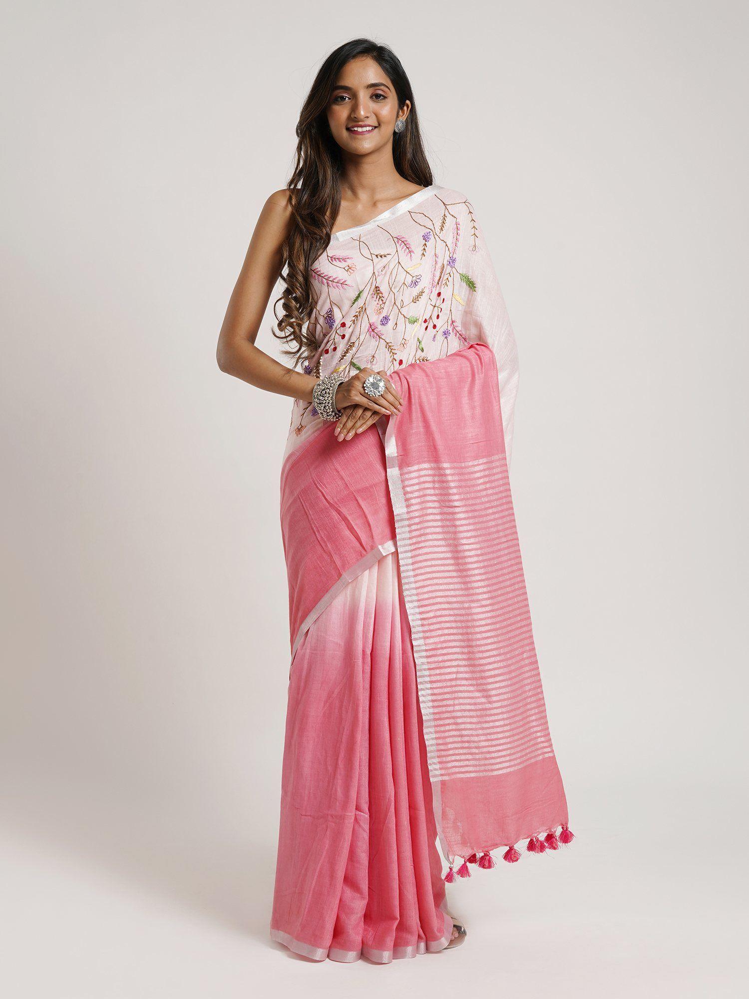 spring sunshine light pink linen saree with unstitched blouse