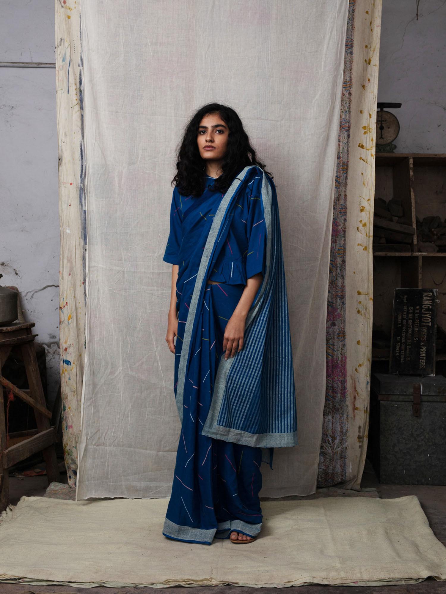 sprinkle blue saree without blouse