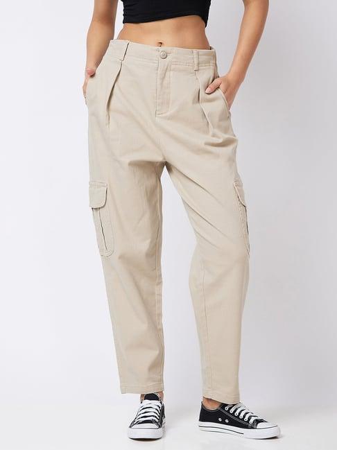 spykar beige relaxed fit high rise trousers