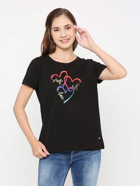 spykar black cotton graphic print t-shirt