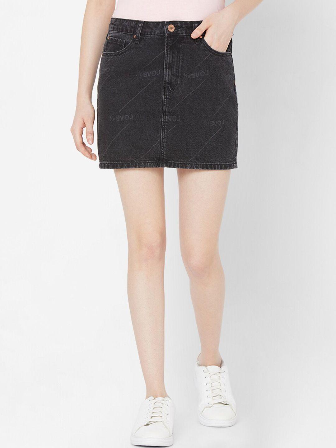 spykar black solid relaxed mid-rise pure cotton denim skirts