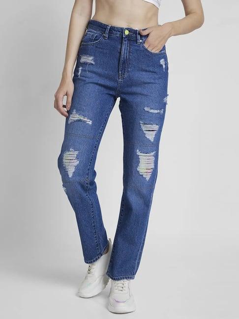 spykar blue cotton distressed high rise jeans