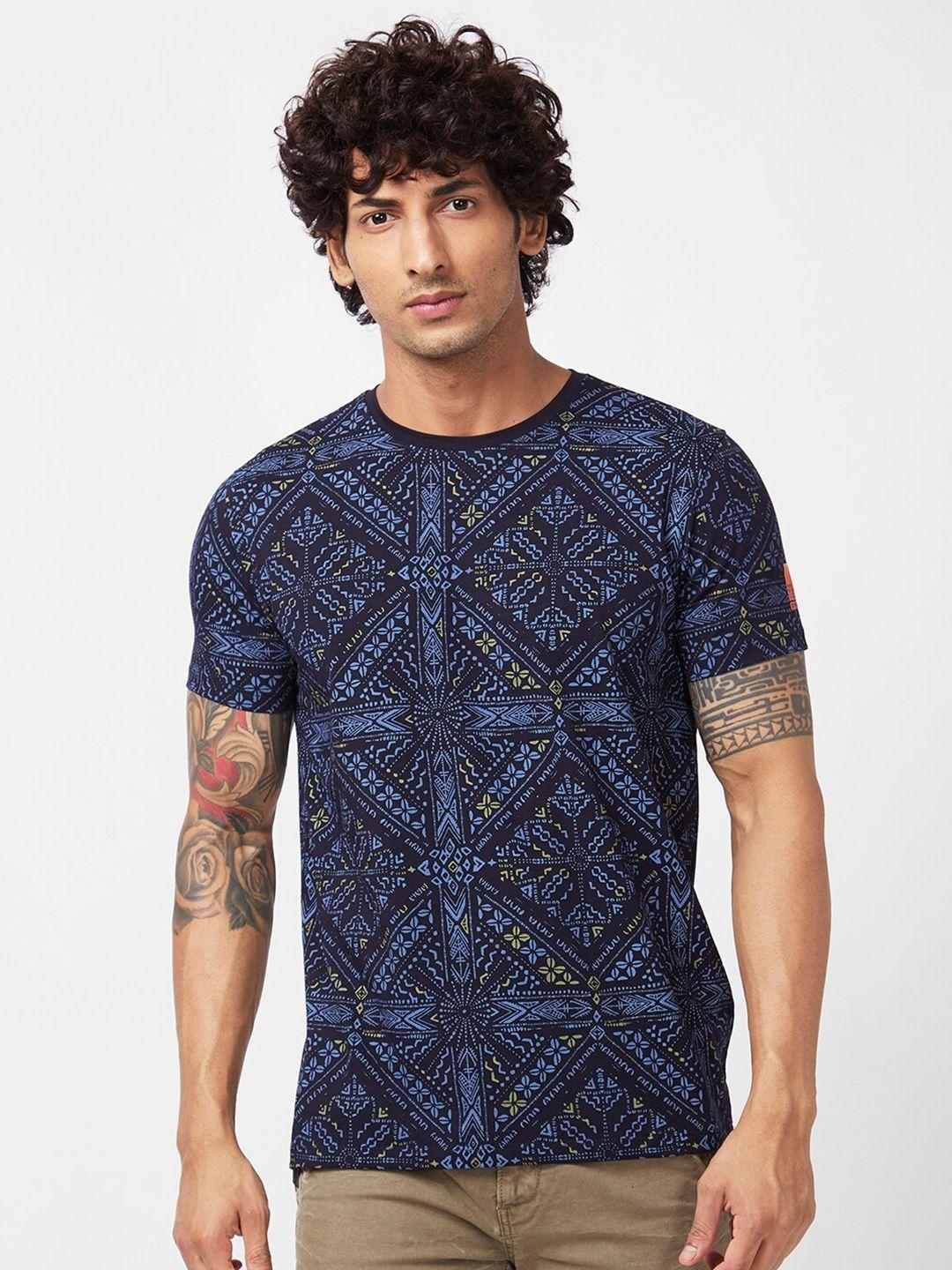 spykar geometric printed slim fit cotton casual t-shirt