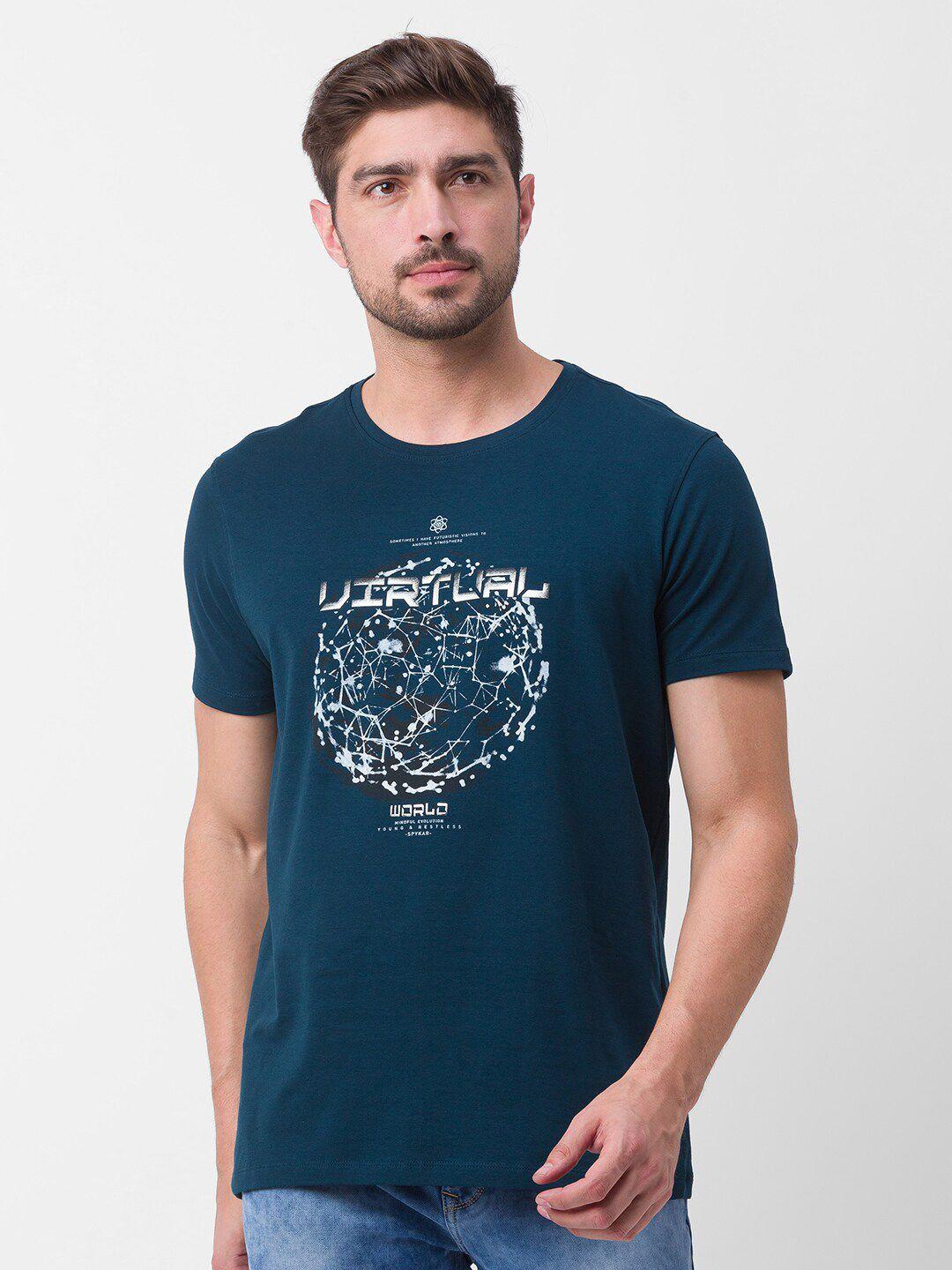 spykar men blue typography printed slim fit t-shirt