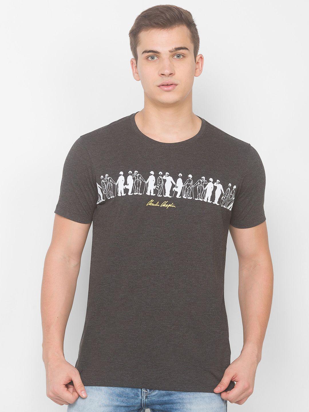spykar men charcoal printed slim fit t-shirt