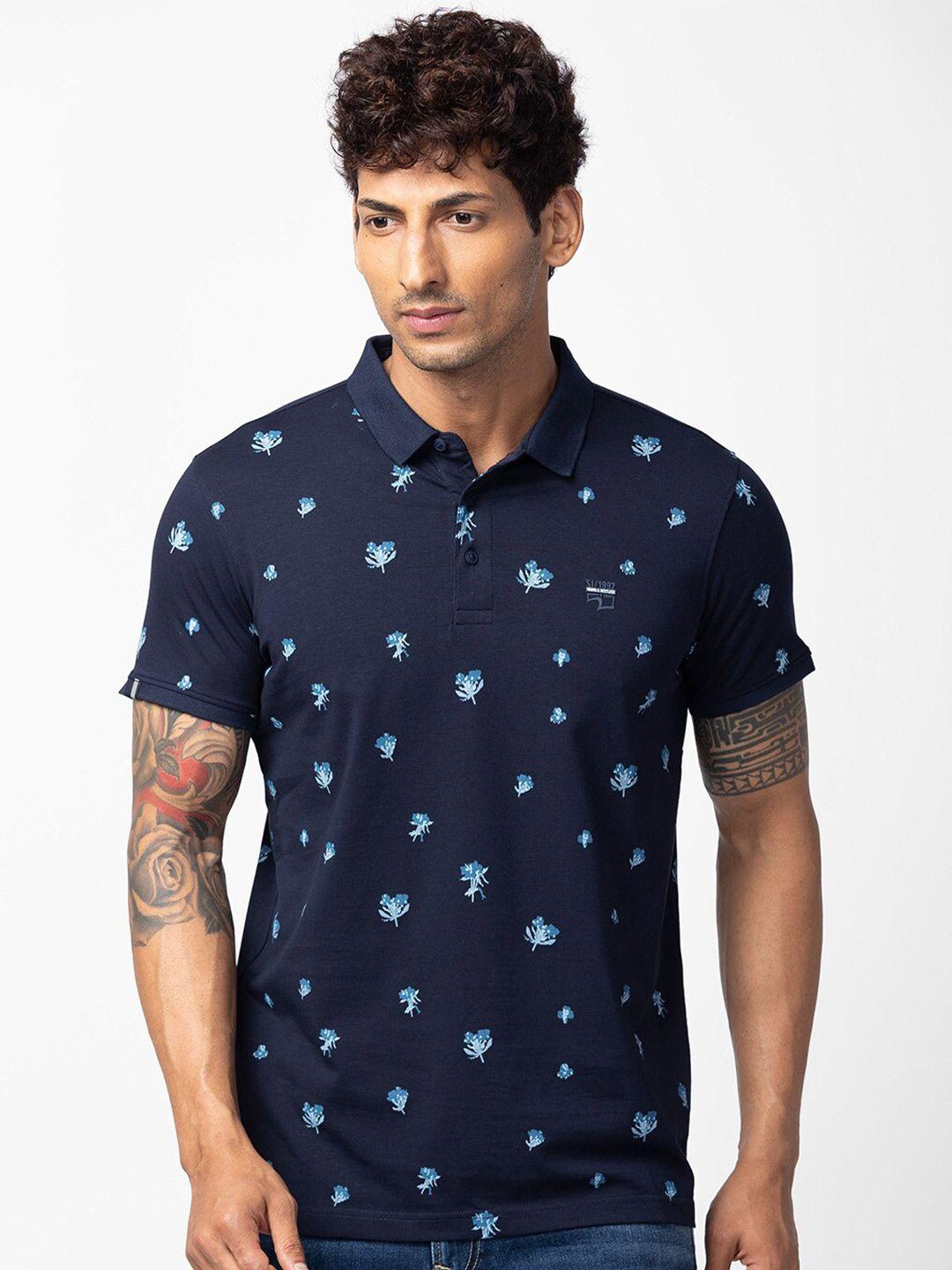 spykar men floral printed polo collar cotton t-shirt