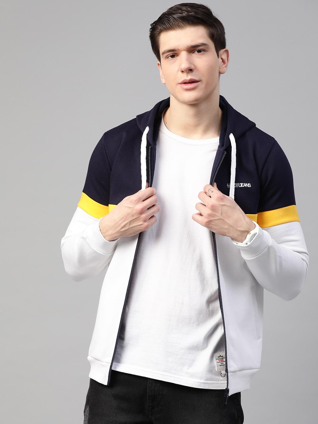 spykar men navy blue & white colourblocked hooded sweatshirt