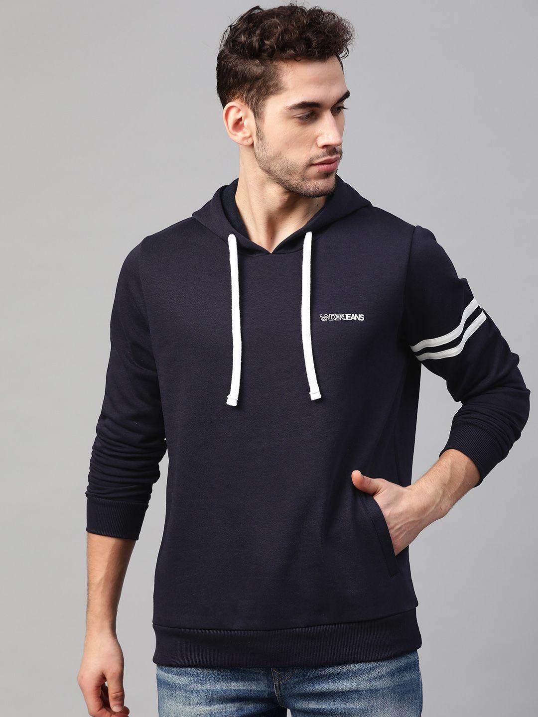 spykar men navy blue & white solid hooded sweatshirt