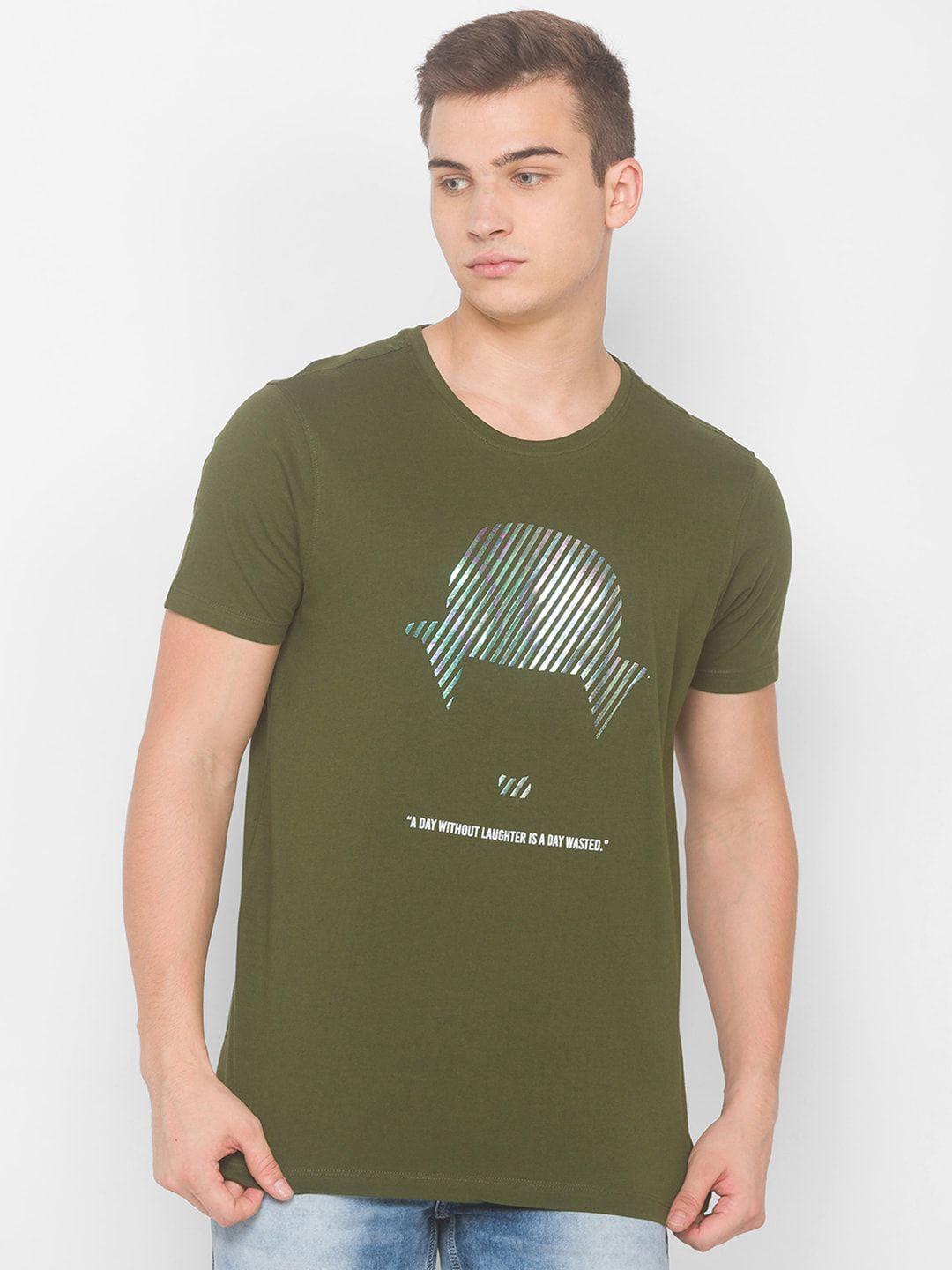 spykar men olive green printed t-shirt