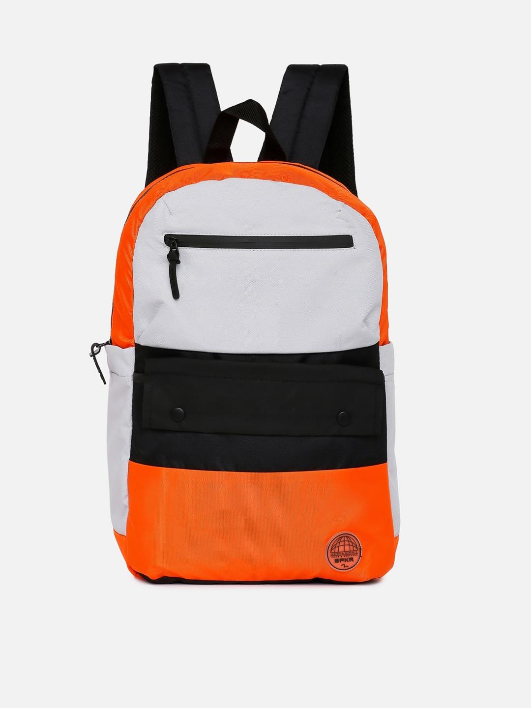 spykar men orange & black colourblocked polyester backpack