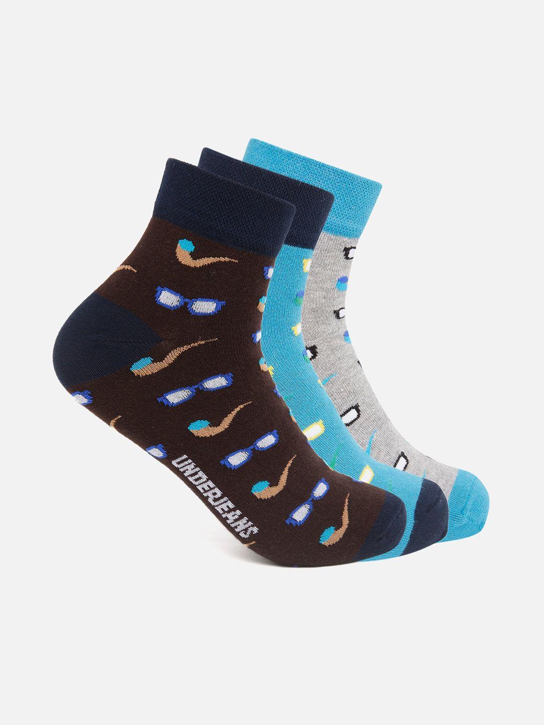 spykar men pack of 3 blue & grey patterned ankle-length socks