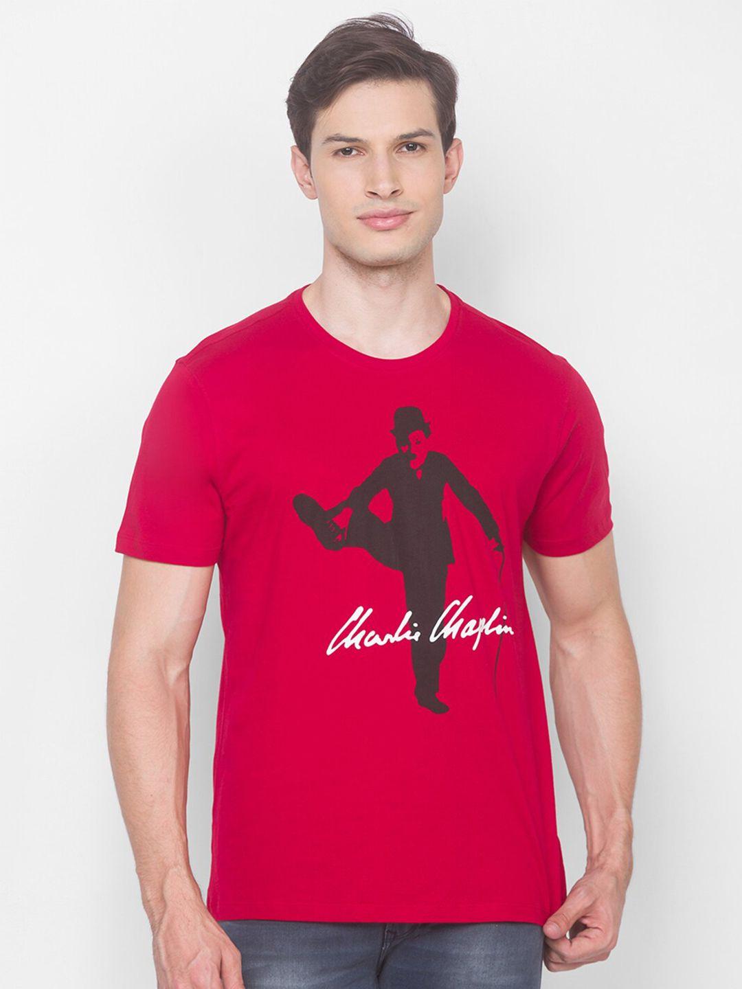spykar men red printed slim fit t-shirt