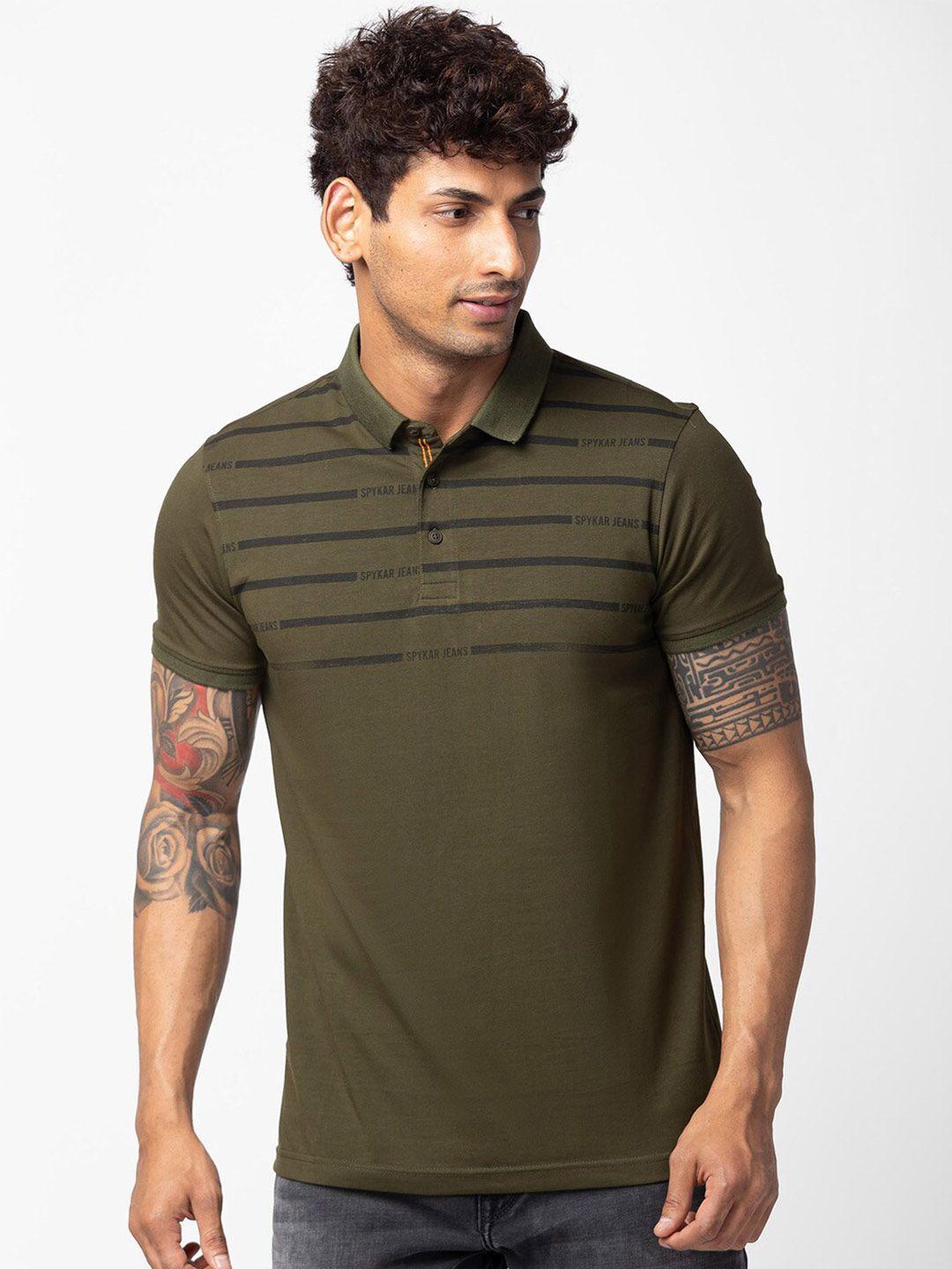 spykar men striped polo collar slim fit cotton t-shirt