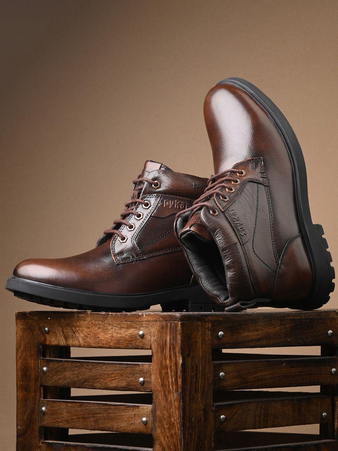 spykar men textured leather mid-top regular boots
