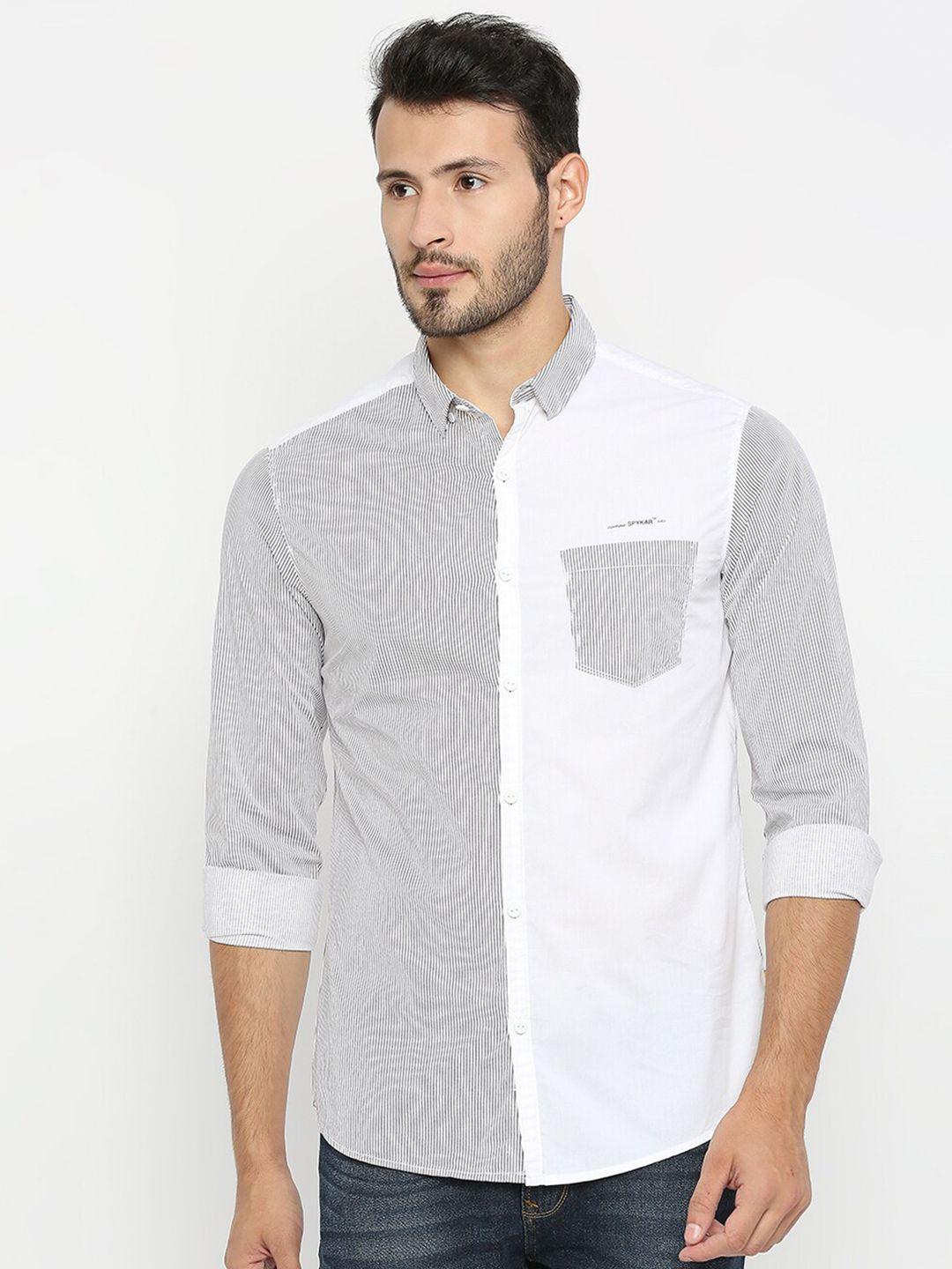 spykar men white & black striped cotton slim fit casual shirt