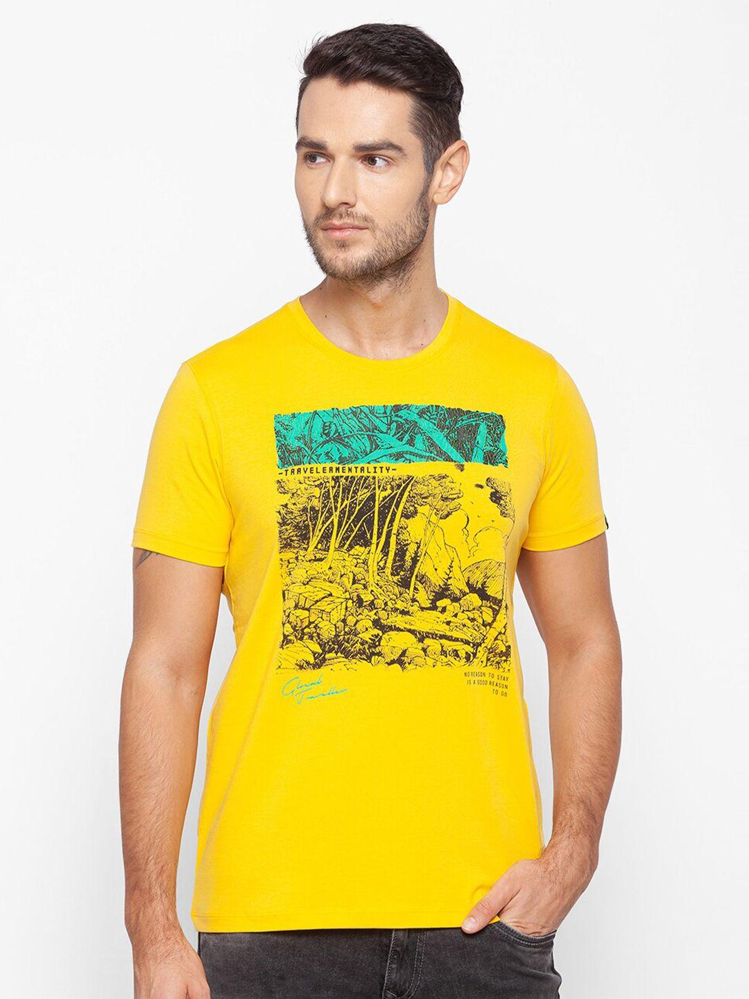spykar men yellow printed slim fit t-shirt