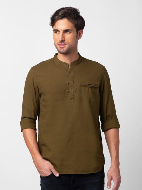 spykar military green cotton slim fit short kurta