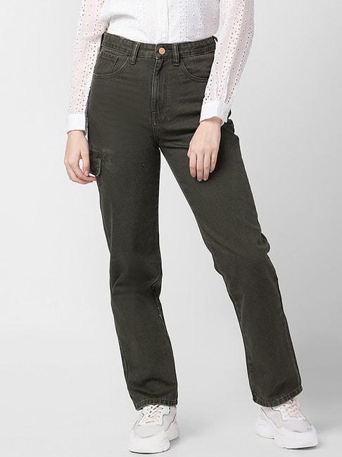 spykar olive green cotton high rise jeans