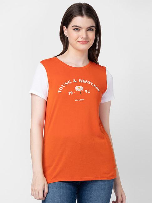 spykar orange cotton printed t-shirt