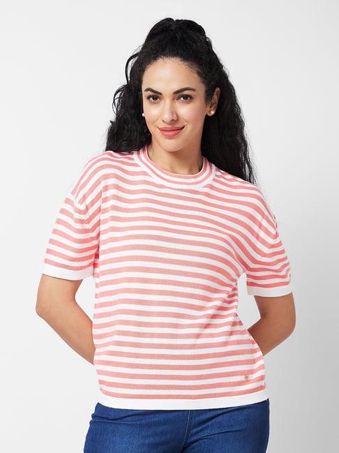 spykar pink & white cotton striped t-shirt