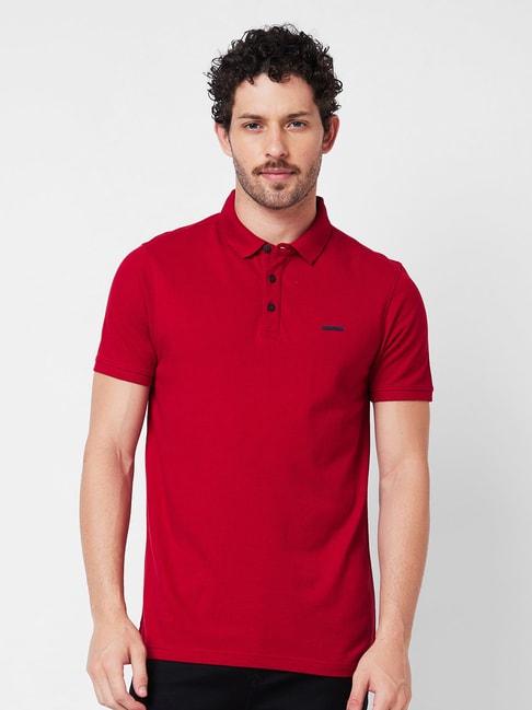 spykar red slim fit polo t-shirt