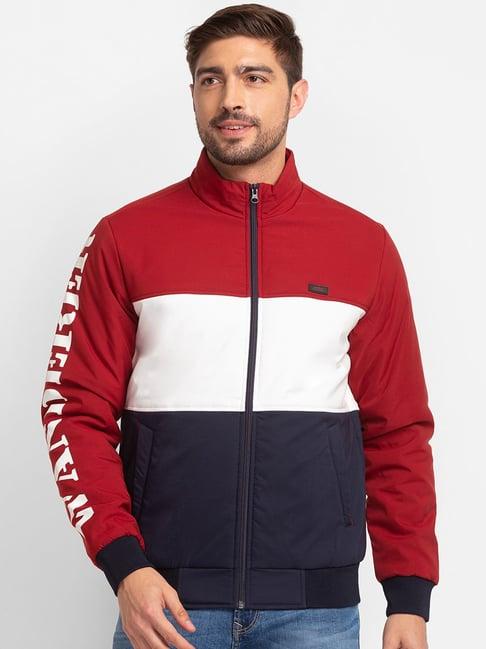 spykar red straight fit colour block jacket