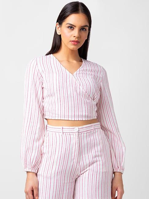 spykar white & pink cotton striped top