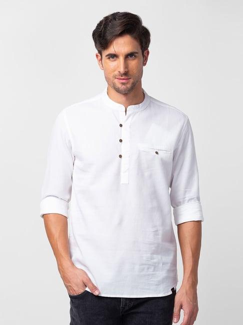spykar white cotton slim fit short kurta