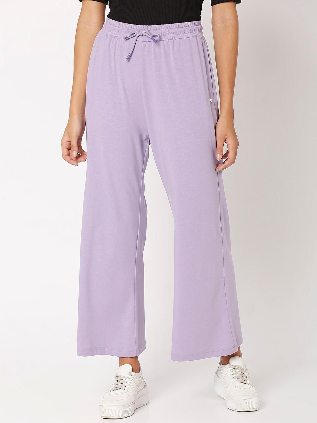 spykar women purple solid mid rise ribbed lounge pants