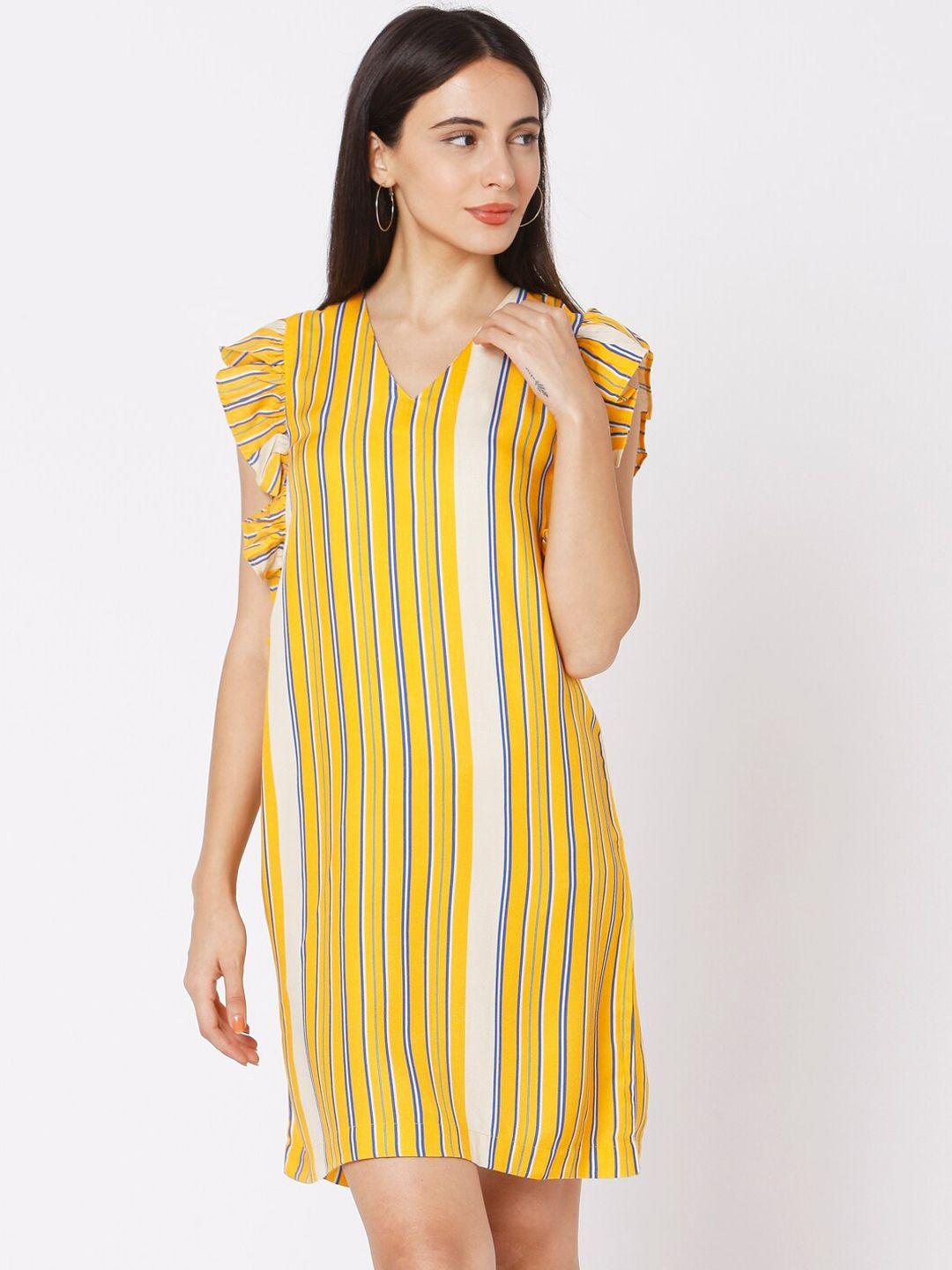 spykar women yellow striped a-line dress