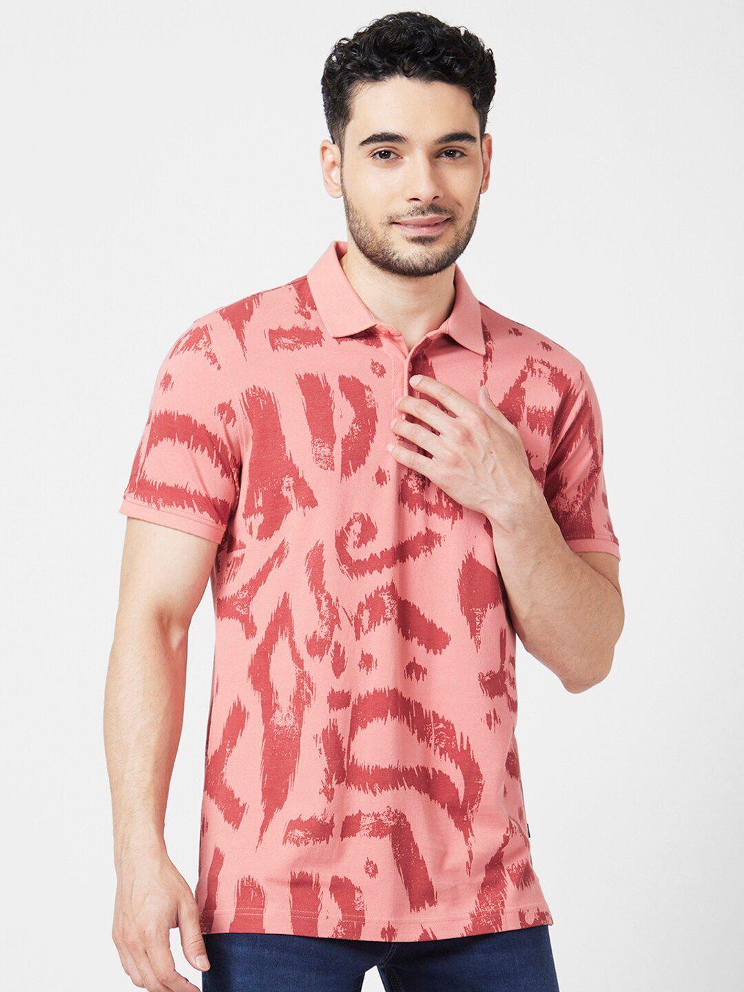 spykar abstract printed polo collar slim fit cotton casual t-shirt