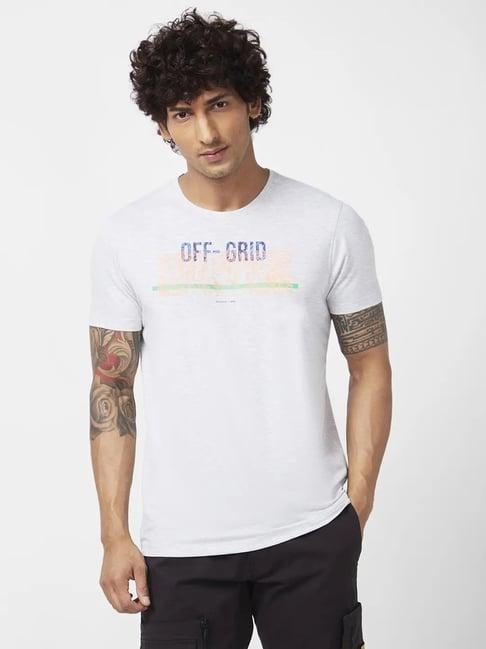 spykar ash melange slim fit printed t-shirt