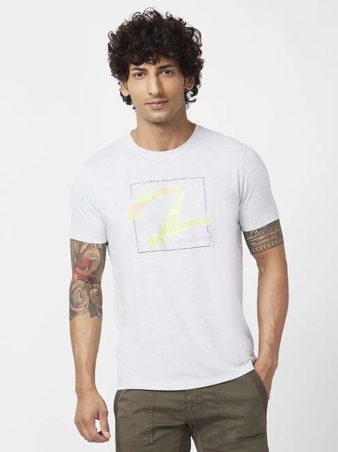 spykar ash melange slim fit printed t-shirt