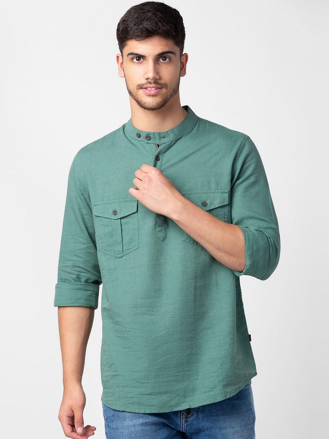 spykar band collar cotton short kurta