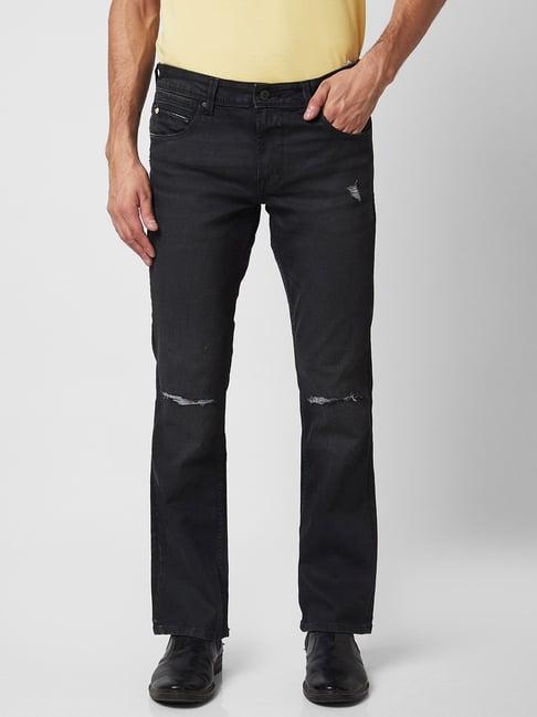 spykar black cotton bootcut distressed jeans