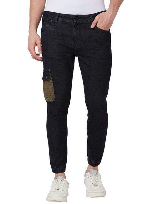 spykar black cotton regular fit cargo jeans