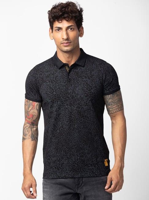 spykar black cotton regular fit printed polo t-shirt