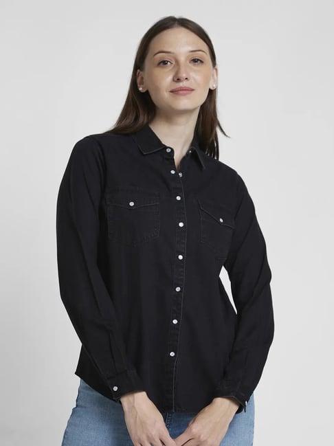 spykar black cotton regular fit shirt