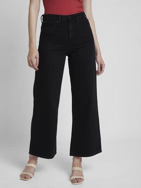 spykar black cotton relaxed fit high rise jeans