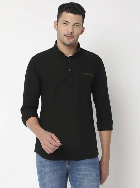 spykar black cotton slim fit short kurta