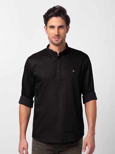 spykar black cotton slim fit short kurta