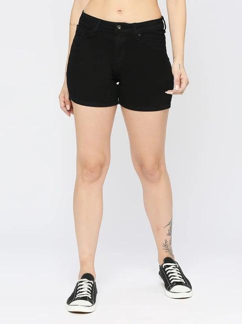 spykar black cotton slim fit shorts