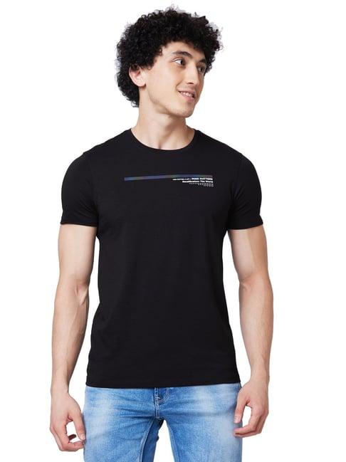 spykar black slim fit printed t-shirt