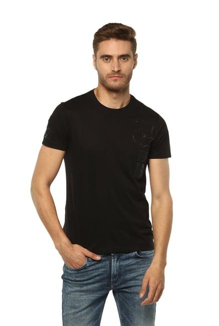 spykar black slim fit round neck t-shirt