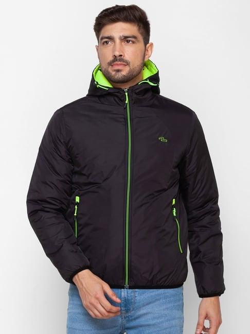 spykar black straight fit hooded jacket